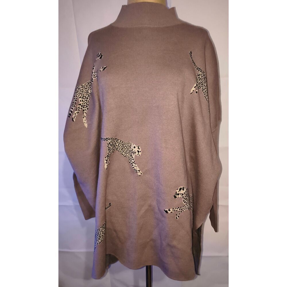 Leopard Animal Print Sweater Taupe Pullover Mock Neck Boxy Relaxed Knit XL